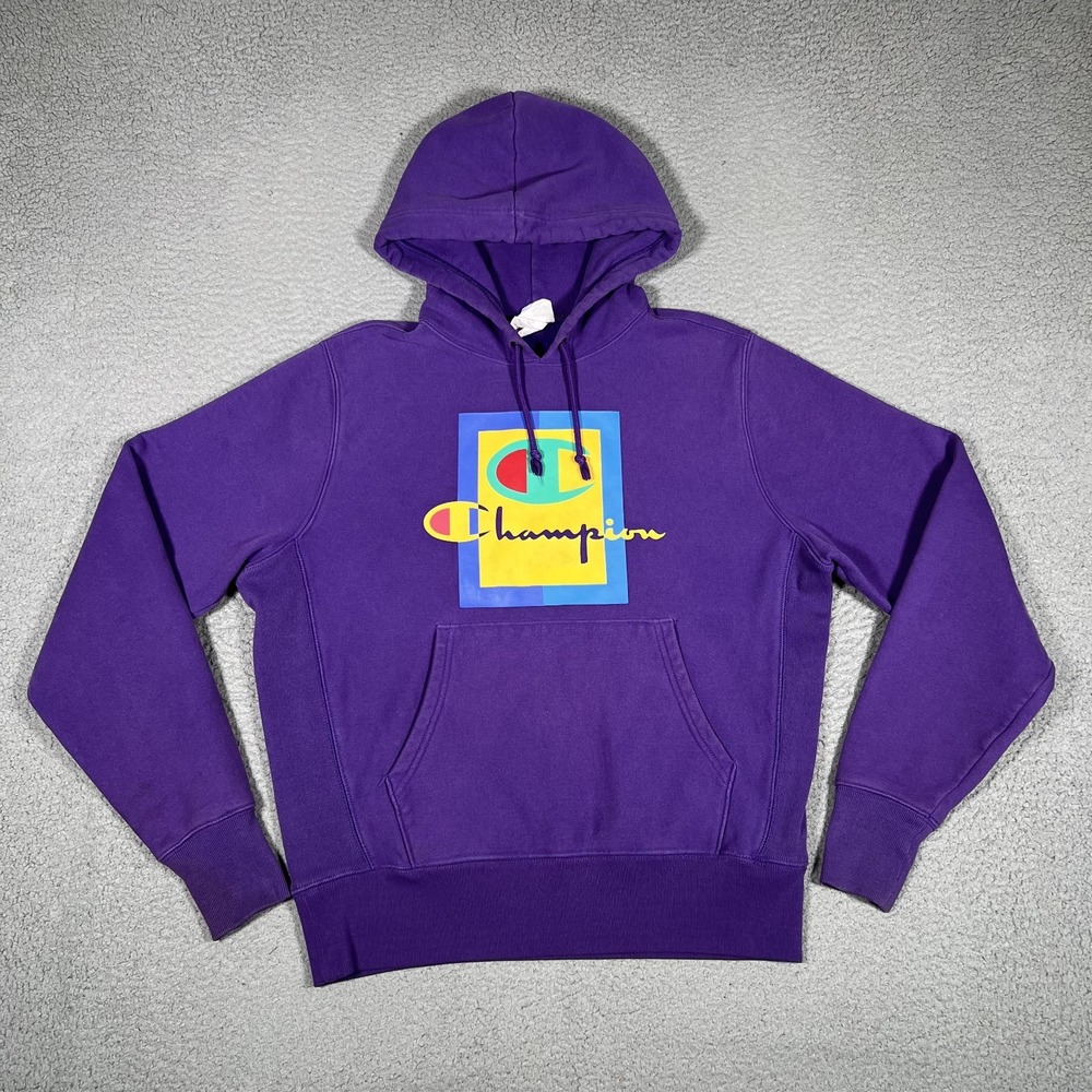 Champion Hoodie Mens Mediu Purple Pullover Sweatshirt Reverse Weave Preppy Logo
